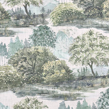 Load image into Gallery viewer, Green Teal Cotton Off White Grey  Country Toile Upholstery Drapery Fabric MGF