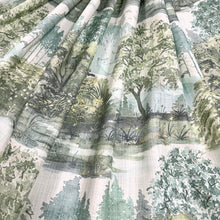 Load image into Gallery viewer, Green Teal Cotton Off White Grey  Country Toile Upholstery Drapery Fabric MGF