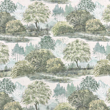 Load image into Gallery viewer, Green Teal Cotton Off White Grey  Country Toile Upholstery Drapery Fabric MGF