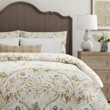 Load image into Gallery viewer, Off White Grey Mustard Brown Blue Floral Bird Print Upholstery Drapery Fabric
