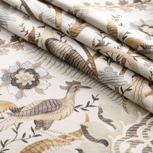 Load image into Gallery viewer, Off White Grey Mustard Brown Blue Floral Bird Print Upholstery Drapery Fabric