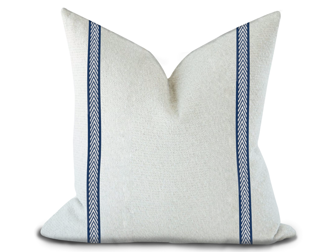 Custom Made Pillow Cover with Thibaut Westport Tape in Navy / Self-Piping