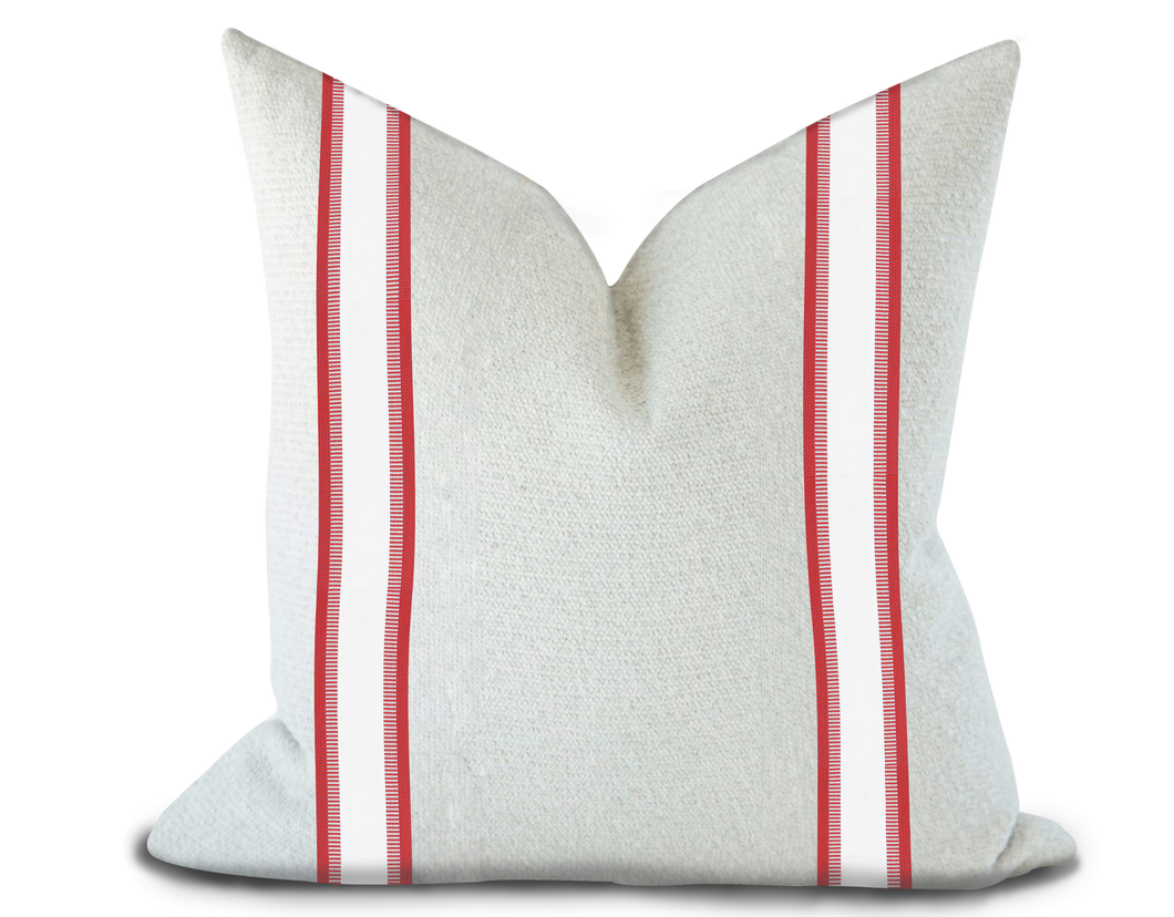 Custom Made Pillow Cover with Thibaut Nordia Tape in Cranberry / Self-Piping