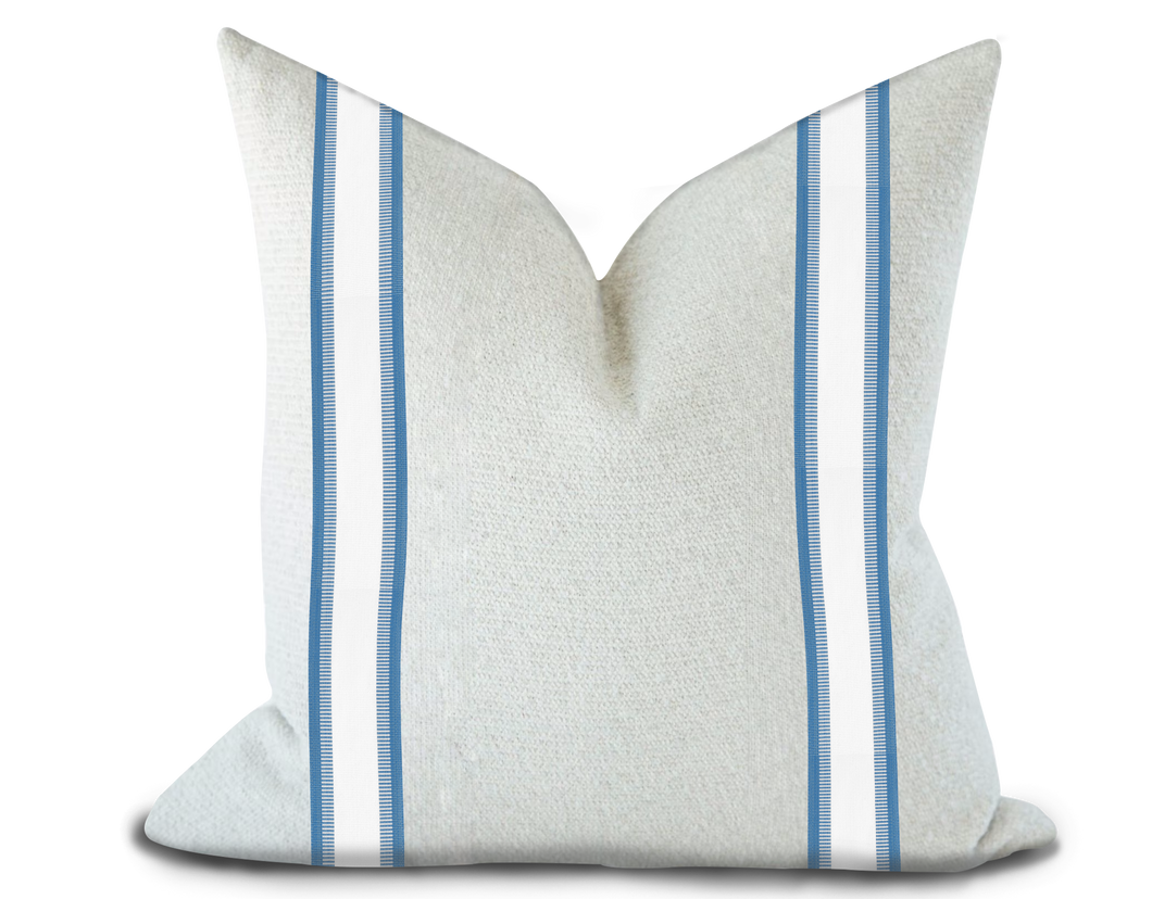 Custom Made Pillow Cover with Thibaut Nordia Tape in Island Blue / Self-Piping
