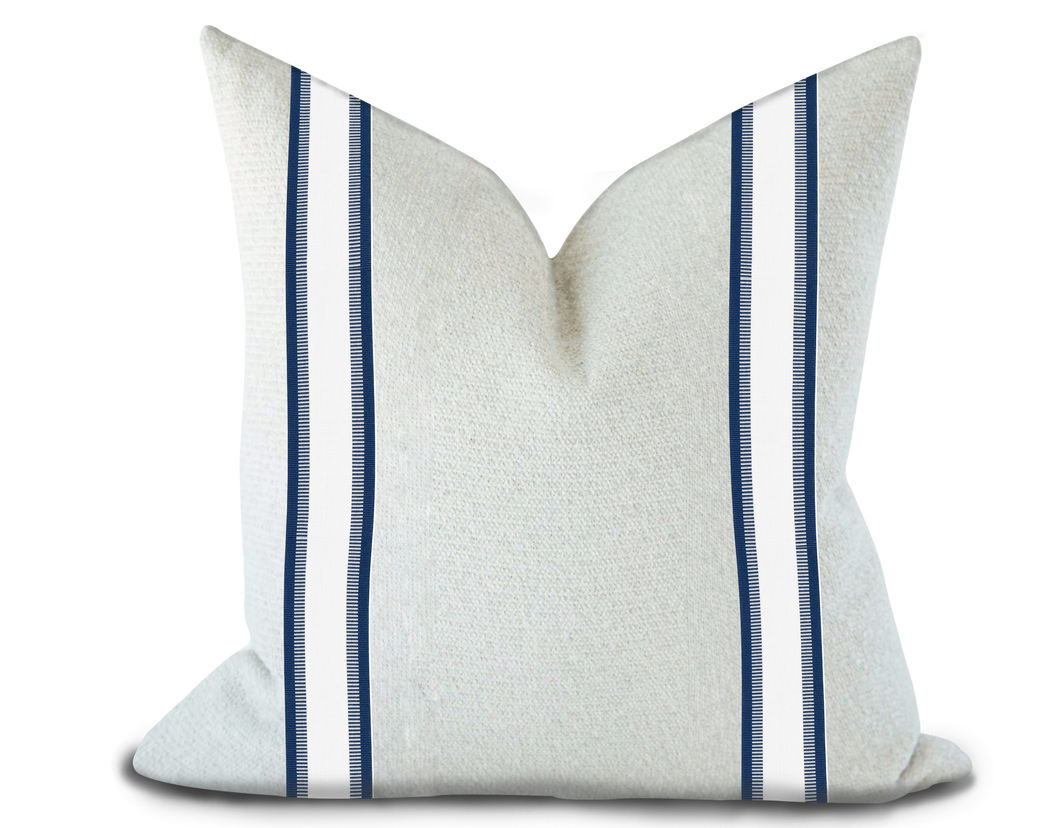 Custom Made Pillow Cover with Thibaut Nordia Tape in Navy / Self-Piping