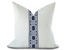 Load image into Gallery viewer, Custom Made Pillow Cover with Thibaut Gate applique tape in Navy / Self-Piping