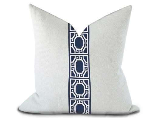 Custom Made Pillow Cover with Thibaut Gate applique tape in Navy / Self-Piping
