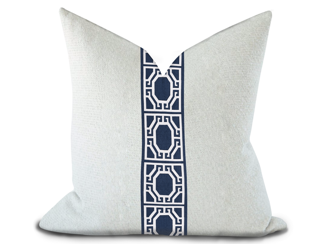Custom Made Pillow Cover with Thibaut Gate applique tape in Navy / Self-Piping