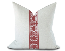 Load image into Gallery viewer, Custom Made Pillow Cover with Thibaut Gate applique tape in Cranberry / Self-Piping