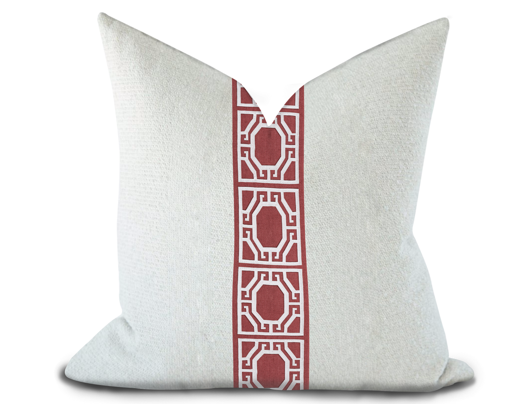 Custom Made Pillow Cover with Thibaut Gate applique tape in Cranberry / Self-Piping