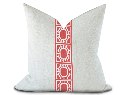 Custom Made Pillow Cover with Thibaut Gate applique tape in Coral / Self-Piping