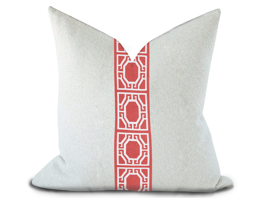 Custom Made Pillow Cover with Thibaut Gate applique tape in Coral / Self-Piping