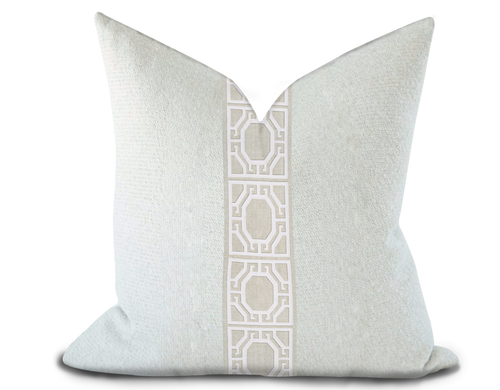 Custom Made Pillow Cover with Thibaut Gate applique tape in Linen / Self-Piping