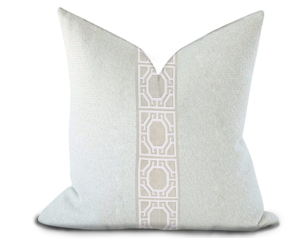 Custom Made Pillow Cover with Thibaut Gate applique tape in Linen / Self-Piping