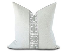 Load image into Gallery viewer, Custom Made Pillow Cover with Thibaut Gate applique tape in Platinum / Self-Piping