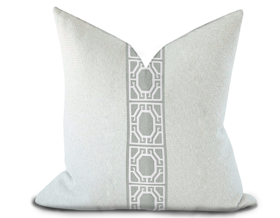 Custom Made Pillow Cover with Thibaut Gate applique tape in Platinum / Self-Piping