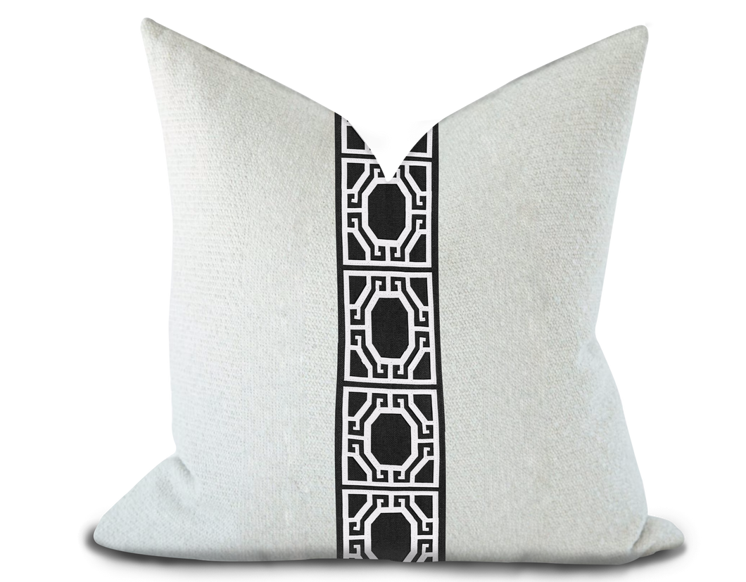 Custom Made Pillow Cover with Thibaut Gate applique tape in Onyx / Self-Piping