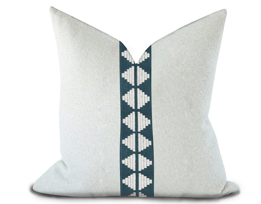 Custom Made Pillow Cover with Thibaut King’s Point Tape in Denim / Self-Piping