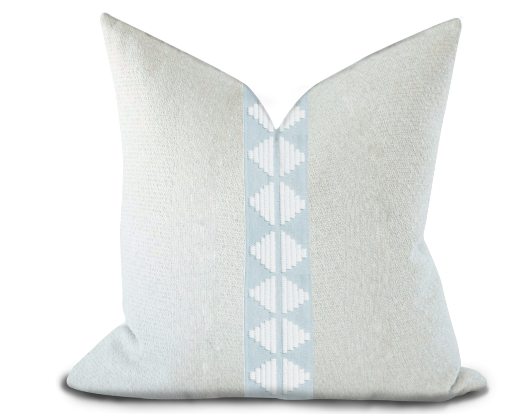 Custom Made Pillow Cover with Thibaut King’s Point Tape in Mist / Self-Piping