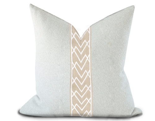 Custom Made Pillow Cover with Thibaut Summit Applique Tape in White on Linen / Self-Piping