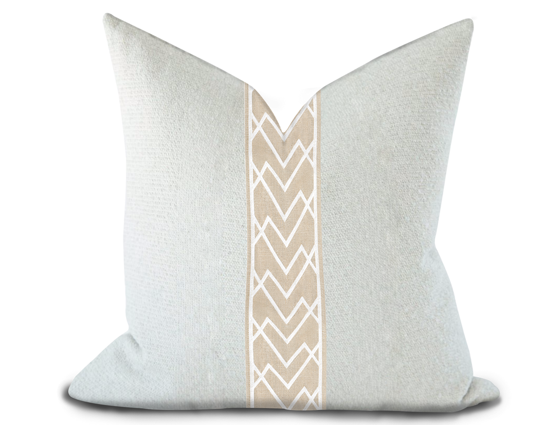 Custom Made Pillow Cover with Thibaut Summit Applique Tape in White on Linen / Self-Piping