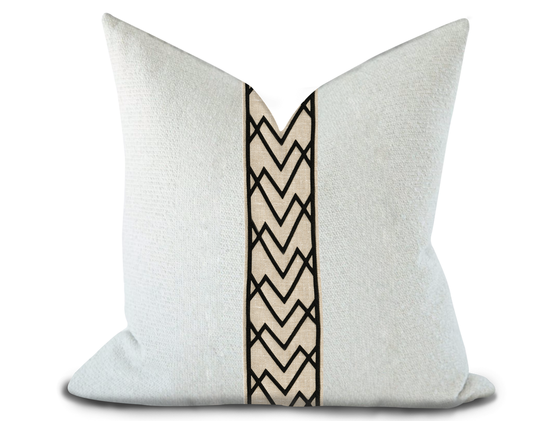 Custom Made Pillow Cover with Thibaut Summit Applique Tape in Black on Linen / Self-Piping