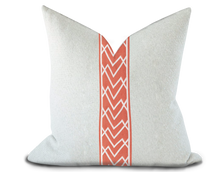 Load image into Gallery viewer, Custom Made Pillow Cover with Thibaut Summit Applique Tape in Coral / Self-Piping