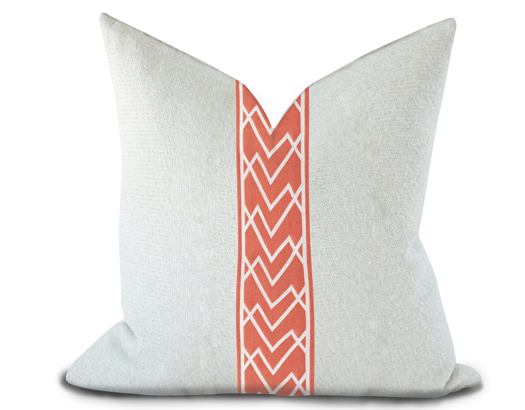 Custom Made Pillow Cover with Thibaut Summit Applique Tape in Coral / Self-Piping