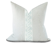 Load image into Gallery viewer, Custom Made Pillow Cover with Thibaut Summit Applique Tape in Mist / Self-Piping