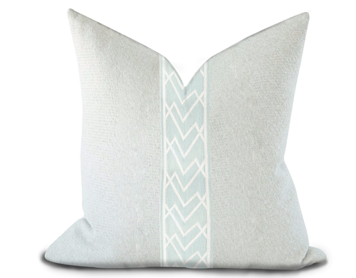 Custom Made Pillow Cover with Thibaut Summit Applique Tape in Mist / Self-Piping