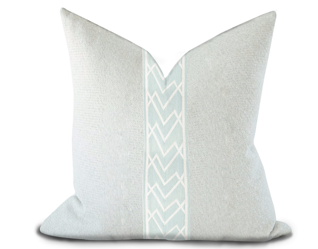 Custom Made Pillow Cover with Thibaut Summit Applique Tape in Mist / Self-Piping