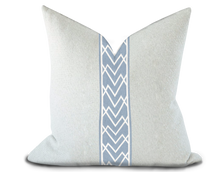 Load image into Gallery viewer, Custom Made Pillow Cover with Thibaut Summit Applique Tape in Sky / Self-Piping