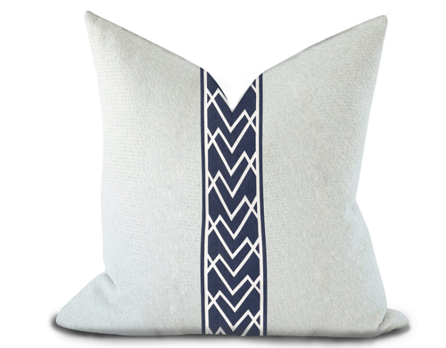 Custom Made Pillow Cover with Thibaut Summit Applique Tape in Navy / Self-Piping