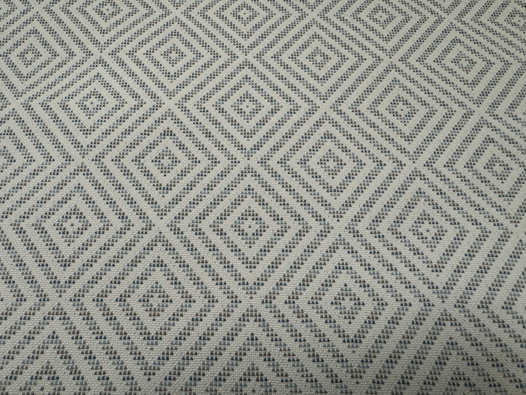 Designer Ivory Beige Blue Geometric Diamond Pattern Woven Performance Upholstery Fabric