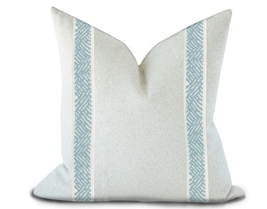 Custom Made Pillow Cover with Thibaut Cobble Hill Tape in Mist / Self-Piping