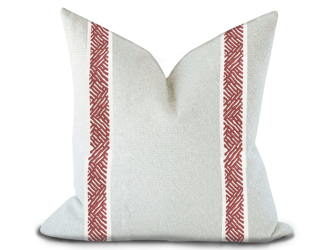 Custom Made Pillow Cover with Thibaut Cobble Hill Tape in Cranberry / Self-Piping