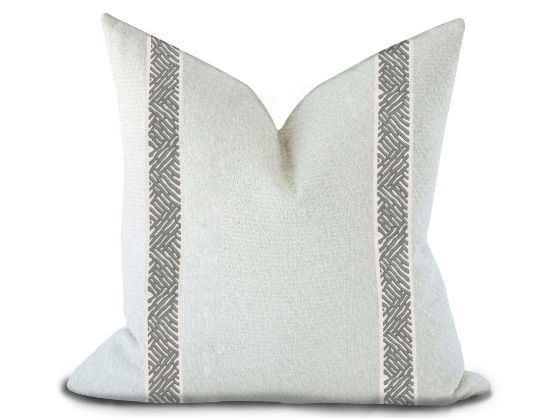 Custom Made Pillow Cover with Thibaut Cobble Hill Tape in Platinum/ Self-Piping