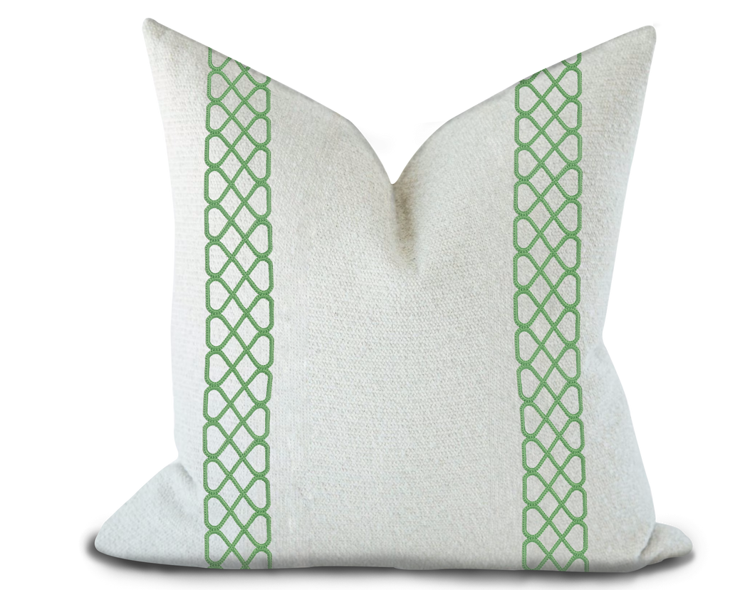 Custom Made Pillow Cover with Thibaut Ripley Applique Tape in Spring / Self-Piping