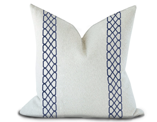 Custom Made Pillow Cover with Thibaut Ripley Applique Tape in Navy / Self-Piping