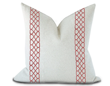 Load image into Gallery viewer, Custom Made Pillow Cover with Thibaut Ripley Applique Tape in Cranberry/ Self-Piping