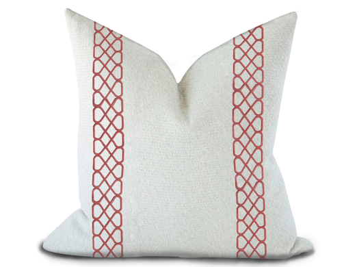 Custom Made Pillow Cover with Thibaut Ripley Applique Tape in Cranberry/ Self-Piping