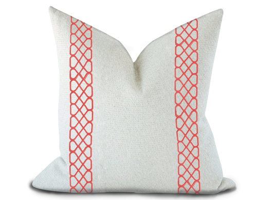 Custom Made Pillow Cover with Thibaut Ripley Applique Tape in Coral / Self-Piping