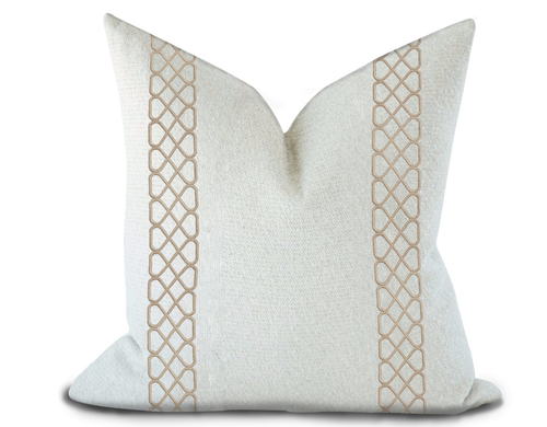 Custom Made Pillow Cover with Thibaut Ripley Applique Tape in Linen / Self-Piping