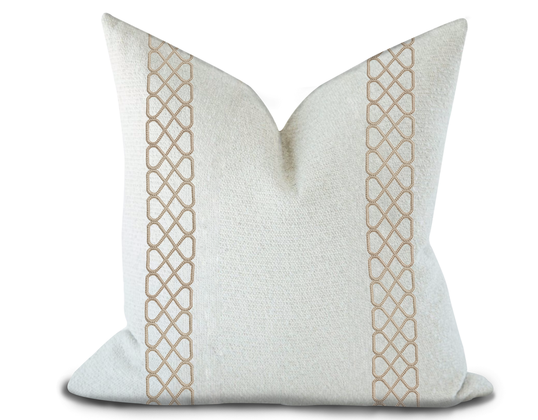 Custom Made Pillow Cover with Thibaut Ripley Applique Tape in Linen / Self-Piping