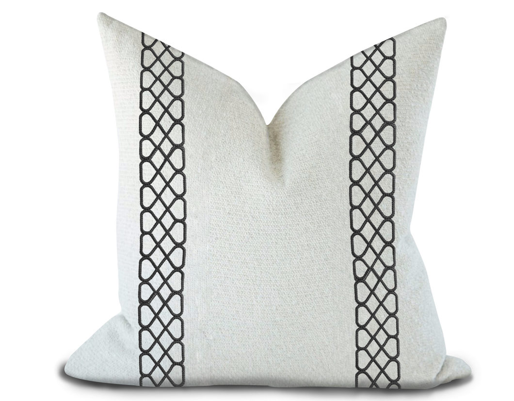 Custom Made Pillow Cover with Thibaut Ripley Applique Tape in Onyx / Self-Piping