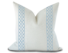 Load image into Gallery viewer, Custom Made Pillow Cover with Thibaut Ripley Applique Tape in Sky / Self-Piping