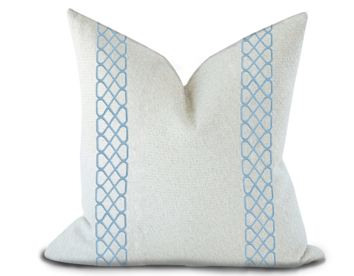 Custom Made Pillow Cover with Thibaut Ripley Applique Tape in Sky / Self-Piping