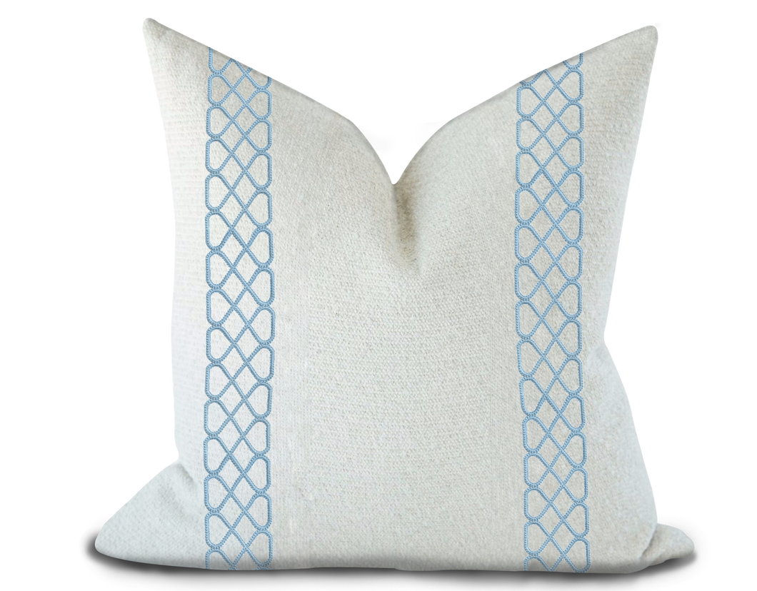 Custom Made Pillow Cover with Thibaut Ripley Applique Tape in Sky / Self-Piping