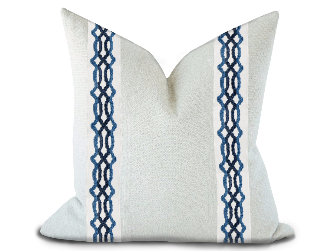 Custom Made Pillow Cover with Thibaut Hartney Tape in Bermuda and Navy / Self-Piping