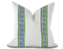 Load image into Gallery viewer, Custom Made Pillow Cover with Thibaut Avenue Tape in Kelly and Bermuda / Self-Piping